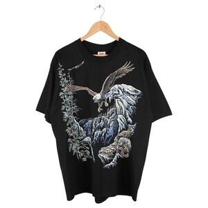 Vintage 1995 Eagle Nature Graphic T-Shirt USA Made All Over Print Black Size XL